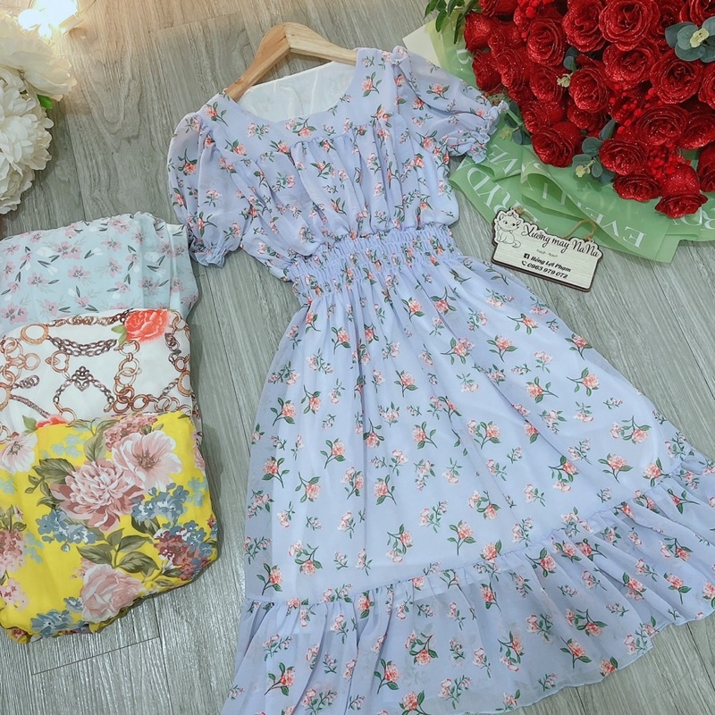 Đầm hoa nhí tay phồng đuôi cá