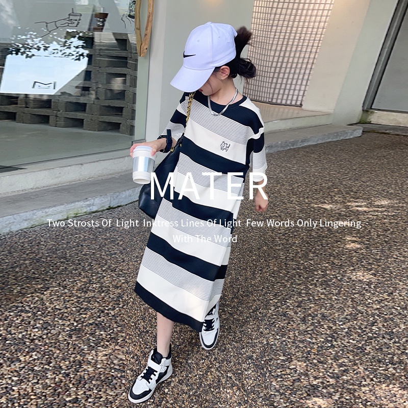 Đầm Thun Tay Ngắn Kẻ Sọc Thời Trang Cho Bé Gái 5-6 Tuổi 6-7 Tuổi 7-8-9 Tuổi 9-10-11 Tuổi 11-12-13 Tuổi