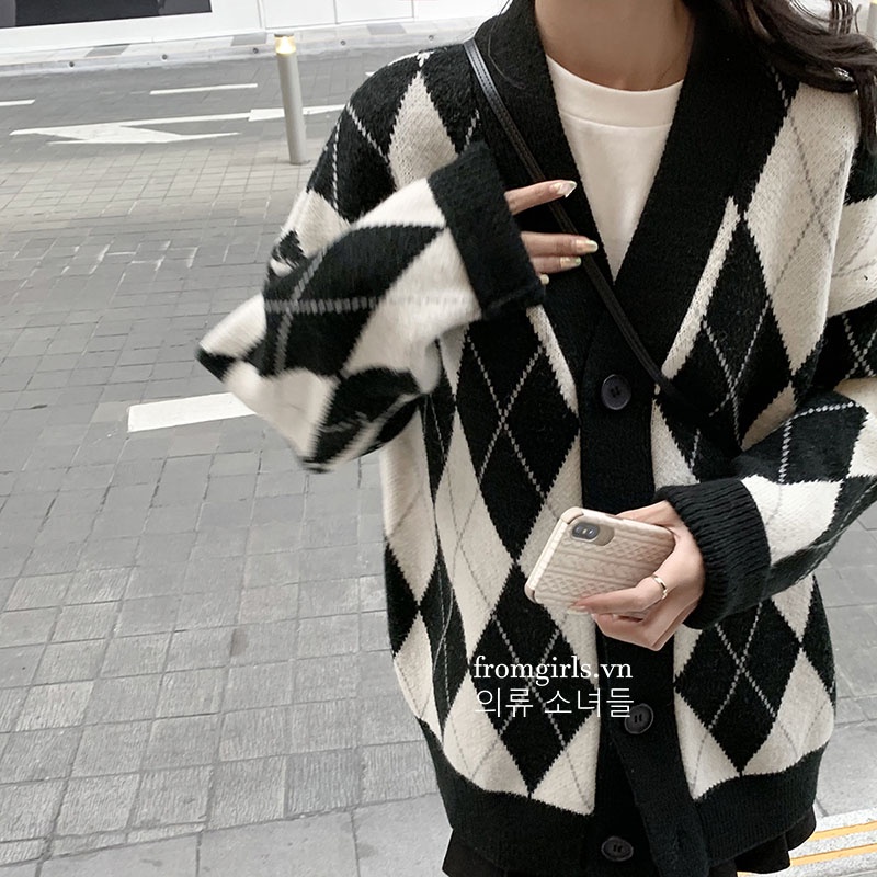 Áo len cardigan kẻ trám có túi hai bên dài tay, áo khoác len mỏng cardigan họa tiết trám ulzzang Hàn Quốc - AL25