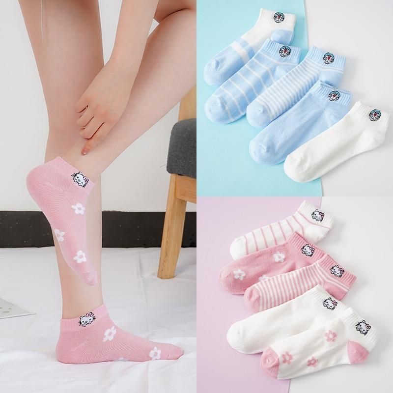 [ 5 đôi ]  Set vớ thêu cổ ngắn hình mickey - bò sữa - kitty - doremon - gấu trúc
