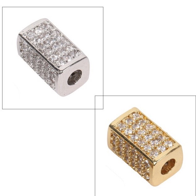 Hạt Trụ Chữ Nhật đính đá - Charm Phụ kiện trang sức xâu vòng tay phong thuỷ nam nữ, chuỗi hạt bằng kim loại đồng zircon