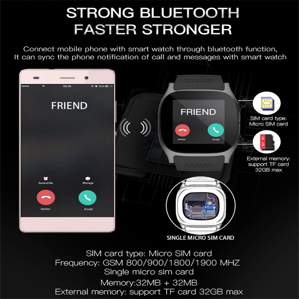 Đồng Hồ Thông Minh T8 Bluetooth 1.54 Inches Có Camera Gsm Và Phụ Kiện