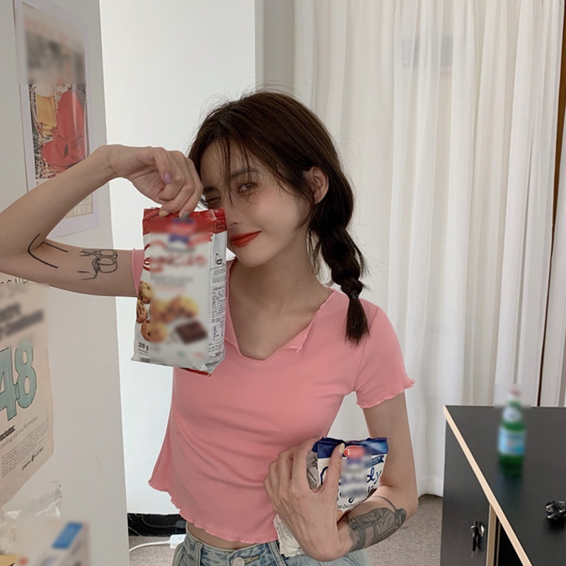 Áo Thun Crop Top Tay Ngắn Cổ Chữ V Khoét Sâu Màu Trơn Thời Trang Cho Nữ