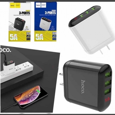 CỐC SẠC NHANH HOCO 5A HK1 - 3 CỔNG USB CÓ LED