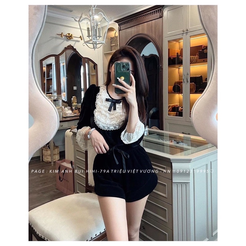 Set áo nhung phối ren ngực