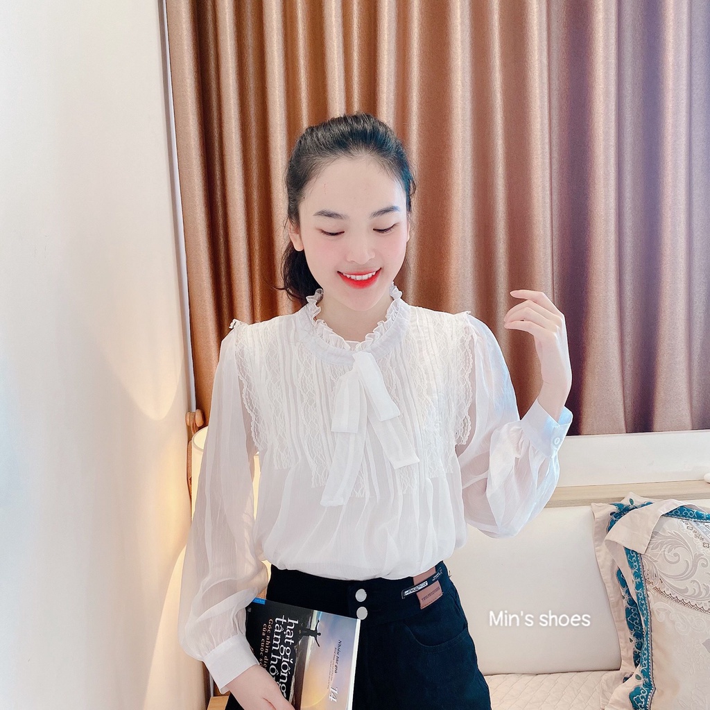 Min's Shoes - Áo sơ mi nữ đẹp dài tay phong cách hàn quốc cao cấp họa tiết ren Áo 405