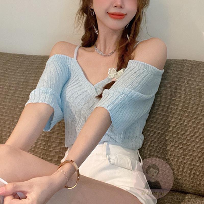 Áo Thun Dệt Kim Trễ Vai Tay Ngắn Thời Trang Mùa Hè Dành Cho Nữ