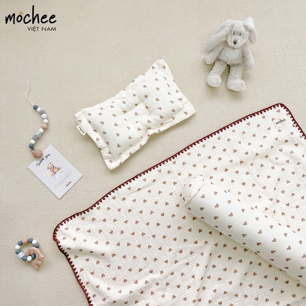 Chăn xô cho bé Mochee kèm gối 100x115cm, chăn xô muslin họa tiết - Monnie Kids