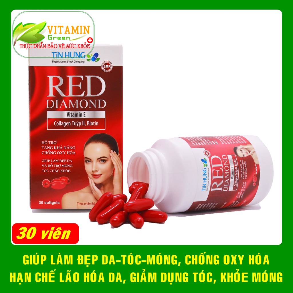 Viên uống đẹp da tóc móng Red Diamond Vitamin E, sữa ong chúa, tinh dầu hoa anh thảo, Collagen, Biotin (30 viên)