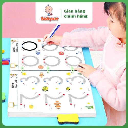Bộ tập tô vẽ nét xoá được cho bé 64 trang kèm 6 bút viết cao cấp, giáo cụ Montessrori