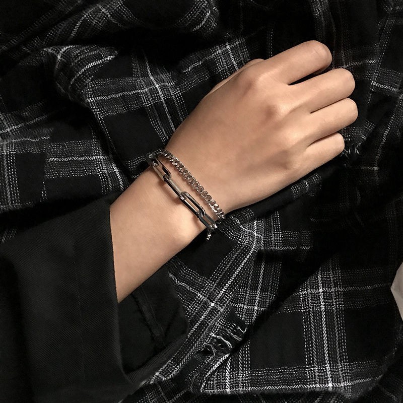 Vòng tay hai lớp bằng thép titan phong cách hiphop retro dễ phối đồ thời trang cho nam nữ