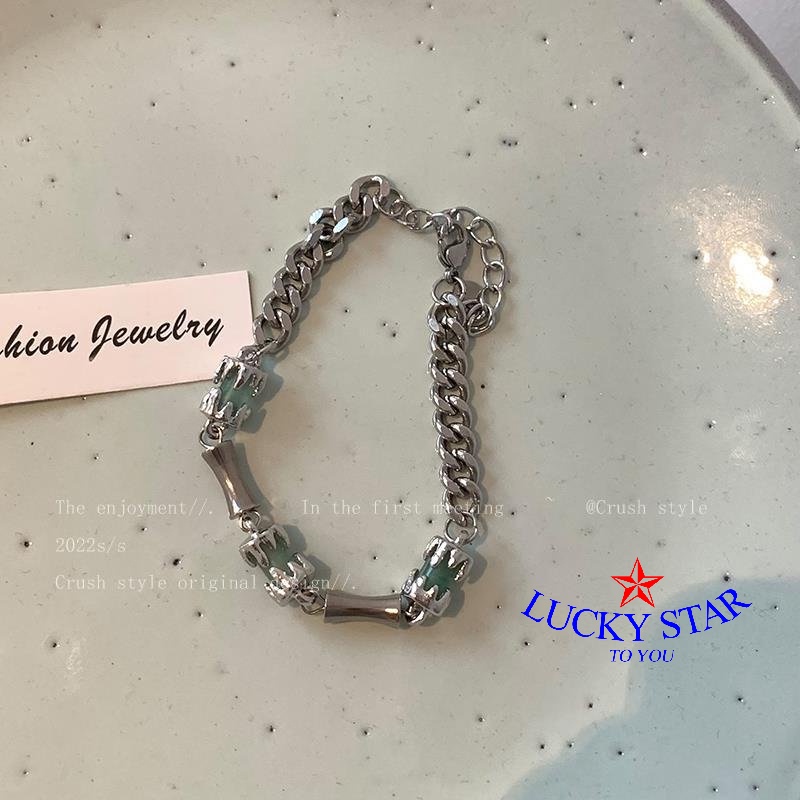 Vòng tay đá xanh ngọc đốt trúc tự nhiên và thép titan thời trang thời đại mới phá cách  nam nữ  trẻ trung mới lạ độc đáo