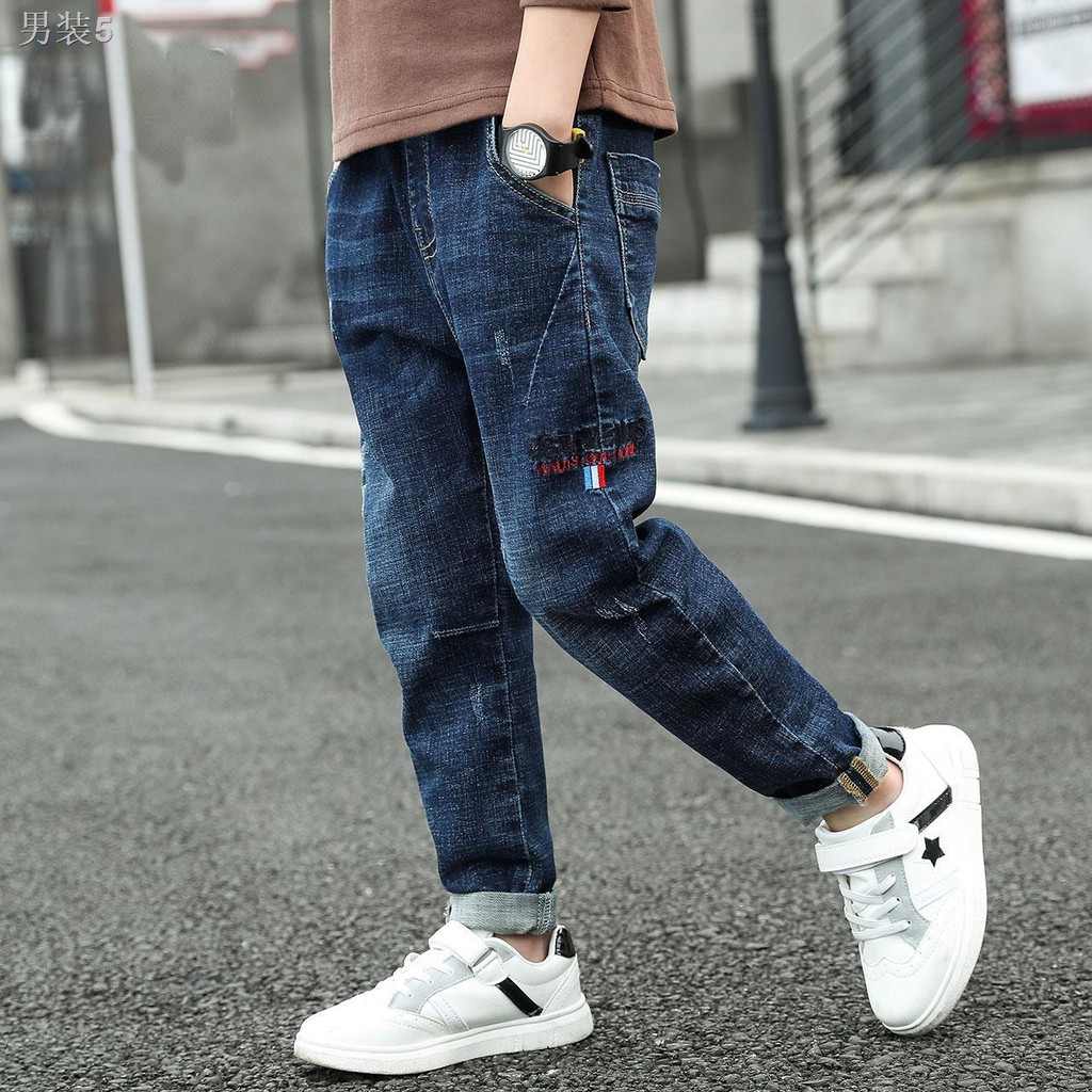 ◕☌┋Quần jean trẻ em nam lớn, nam, em, áo 5-12 tuổi đơn denim lưng thun