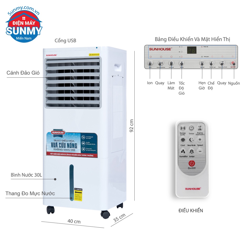 Quạt Điều Hòa Hơi Nước Sunhouse SHD7721 - Hàng trưng bày bảo hành chính hãng