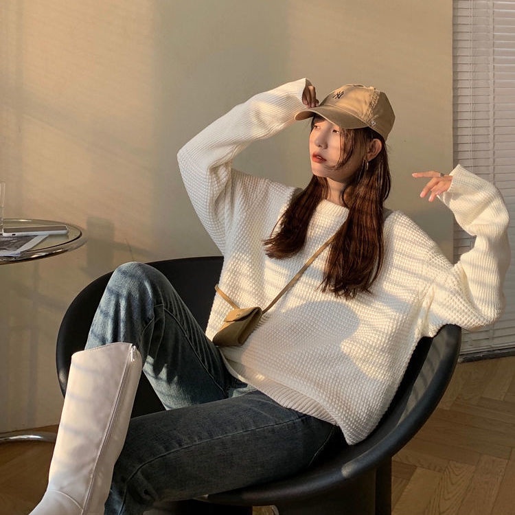 Áo sweater Cổ Tròn Dáng Rộng Màu Trơn Phong Cách Hàn Quốc Thời Trang