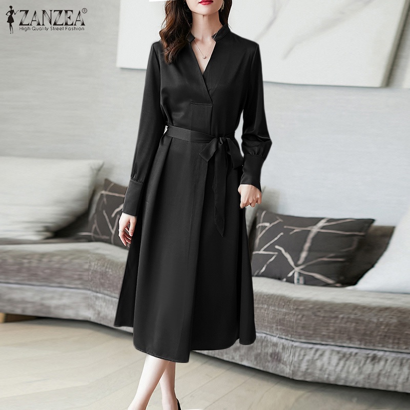 Đầm nữ Zanzea dài tay cổ chữ v thời trang Hàn Quốc