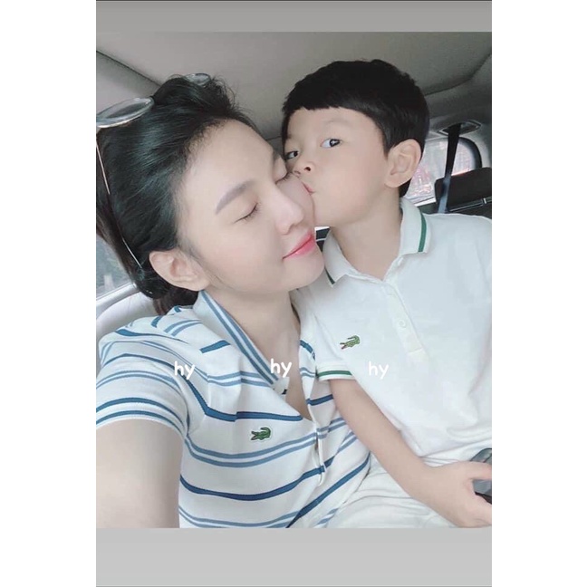 Áo polo trắng Lacoste cá sấu nam nữ sọc ngang