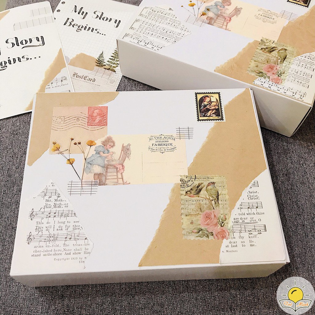 Set trang trí sổ Bullet Journal Vintage gồm binder sổ còng Klong, washi tape, sticker, hộp kraft quà tặng