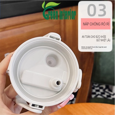 Bình giữ nhiệt Greeninterior dung tích 880ml, bình đựng nước cute có ống hút, inox 304 cao cấp kèm hình dán 3D Màu Trắng