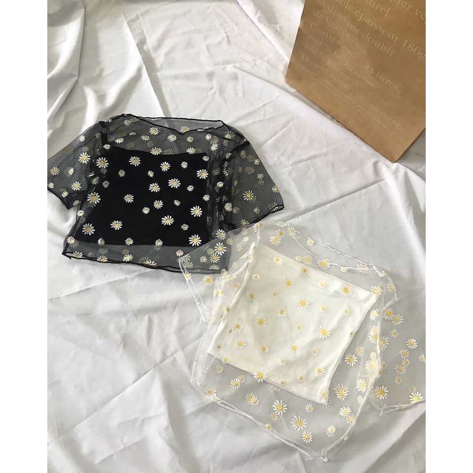 SET 2 MÓN CROPTOP HOA CÚC LƯỚI ❤️ SET ÁO TUBE QUÂY MIX ÁO REN LƯỚI CHIFON HOA CÚC ĐEN TRẮNG