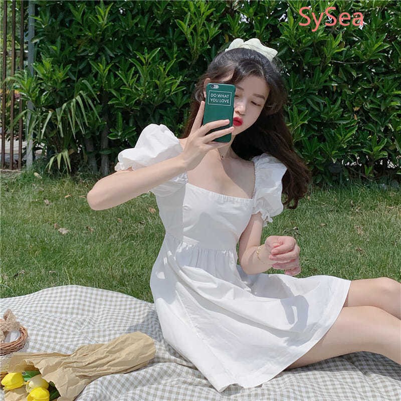 Đầm Cổ Vuông Tay Phồng Phối Nơ Xinh Xắn Thời Trang Mùa Hè Cho Nữ