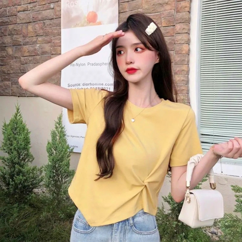 Áo Croptop Tay Ngắn Cổ Tròn Màu Trơn Thiết Kế Độc Đáo Thời Trang Cho Nữ