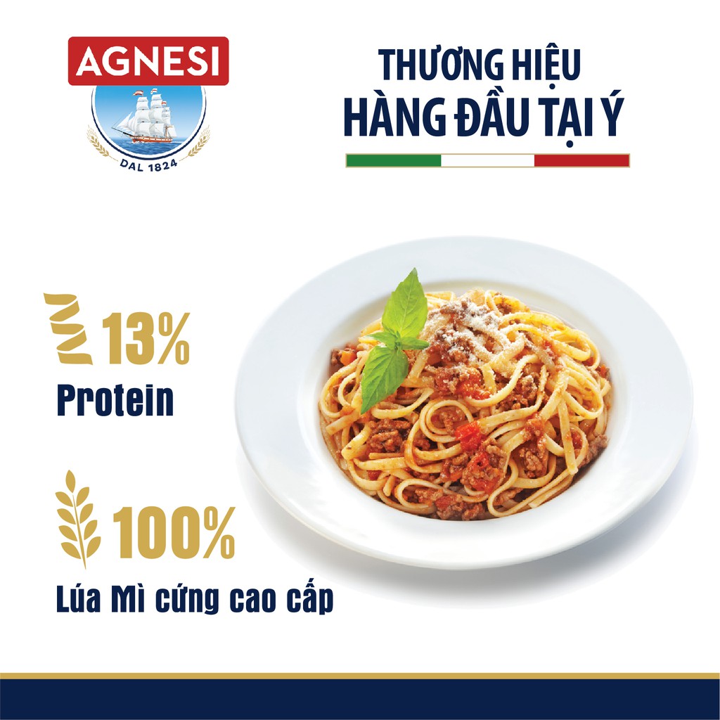 Mì Ý Spaghetti Agnesi 500g, dùng lúa mì durum cao cấp giữ sốt, không gãy và dính