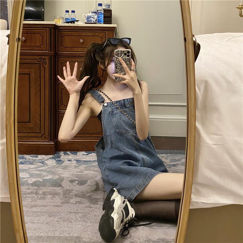 Đầm Yếm denim Lưng Cao Dáng Rộng Phong Cách Hàn Quốc Cổ Điển Thời Trang Cho Nữ