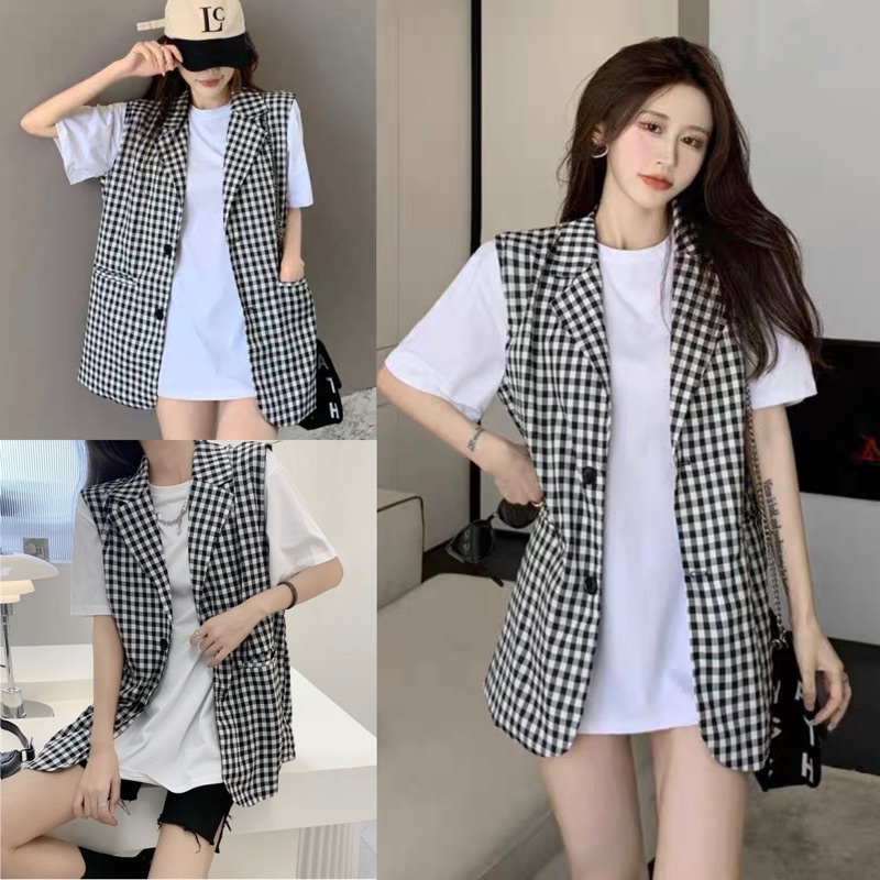 Set áo vest cộc tay hoạ tiết caro kèm áo thun cổ tròn from rộng cá tính | BigBuy360 - bigbuy360.vn