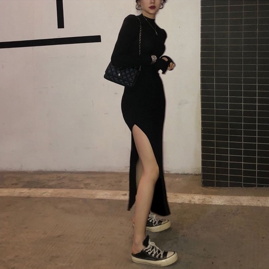 ĐẦM BODY THUN DÀI CỔ CAO XẺ TÀ TAY XỎ NGÓN SEXY - BODYCON DRESS COTI OFFICIAL