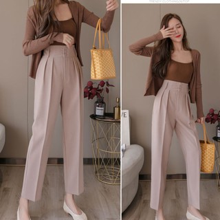 Quần baggy cạp cao bản to liền phối 3 khuy cúc cài dáng dài ống suông rộng vừa - Vải dày dặn - Mặc đi làm công sở đi học