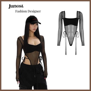 Áo bodysuit nữ tay dài Junest  áo lưới dài tay dáng ôm phối lưới  cổ chữ U Sexy ALQ002
