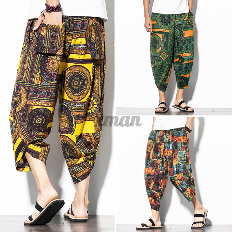 **** Mens Casual Ethnic Floral Loose Beach Harem Elastic Waist Pants