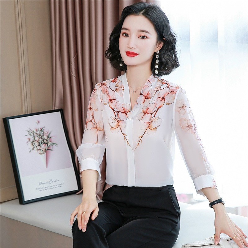 sơ mi nữ dài tay cổ v vai in hoa chất liệu nhẹ thoáng mát