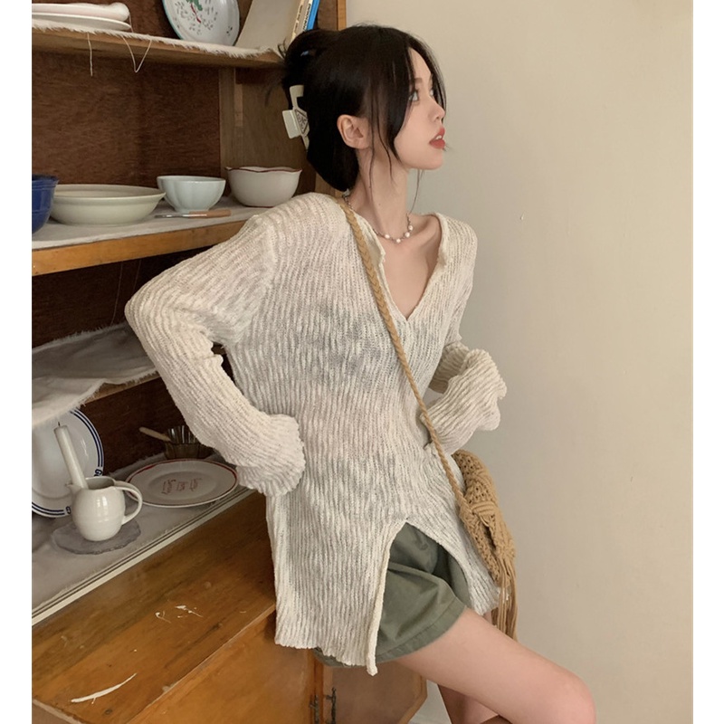 Áo Dệt Kim Chống Nắng Dáng Rộng Cổ Chữ V Xẻ Tà Gợi Cảm Hợp