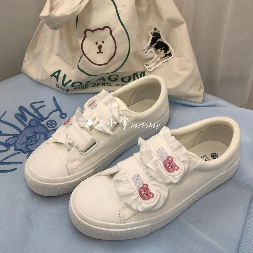 Giày Thể Thao Canvas Khóa Dán In Hình Gấu Nhỏ Phong Cách Nhật Bản Mới Cho Nữ