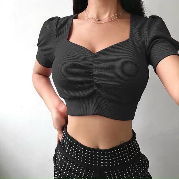 Áo thun kiểu croptop tay phồng nhúm giữa thun gân