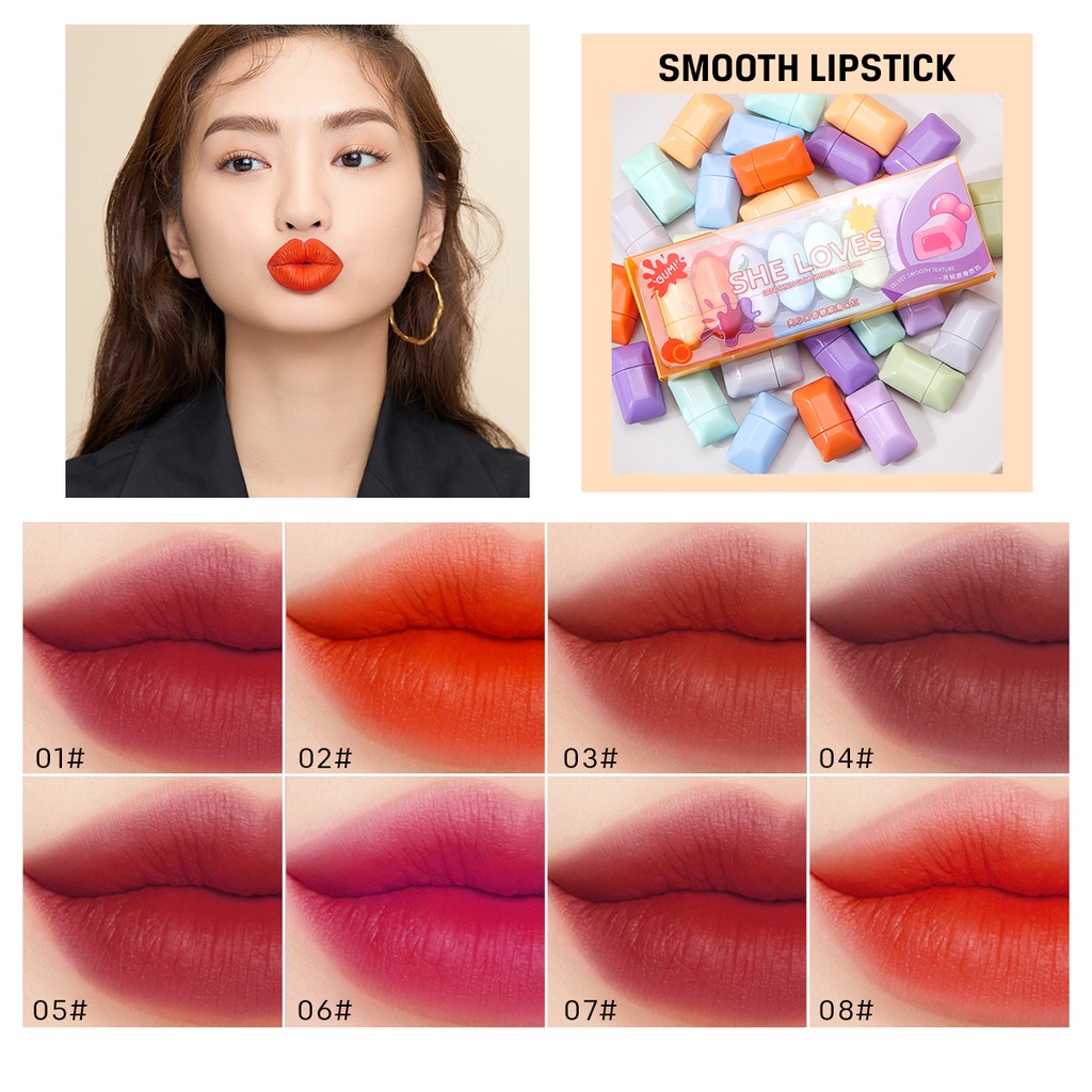 Set 8 Son Môi Mini Lâu Trôi Không Thấm Nước Thiết Kế Hình Viên Kẹo Dễ Thương