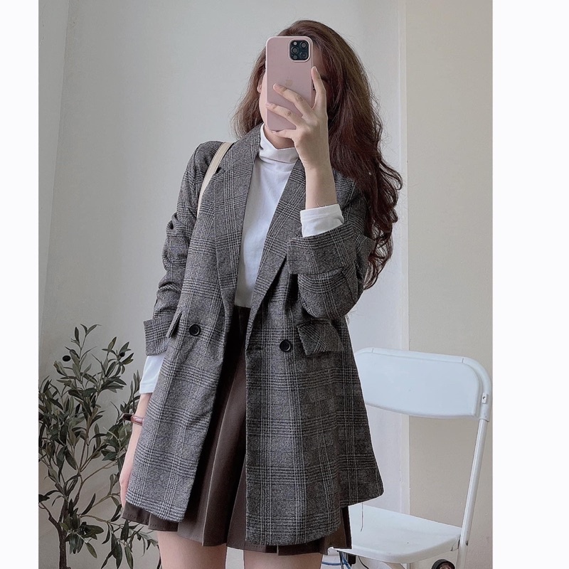 Áo blazer nữ kẻ xẻ tay 2 lớp dáng dài rộng Hàn Quốc, Áo vest kẻ nữ khoác ngoài đi làm công sở, đi chơi đẹp