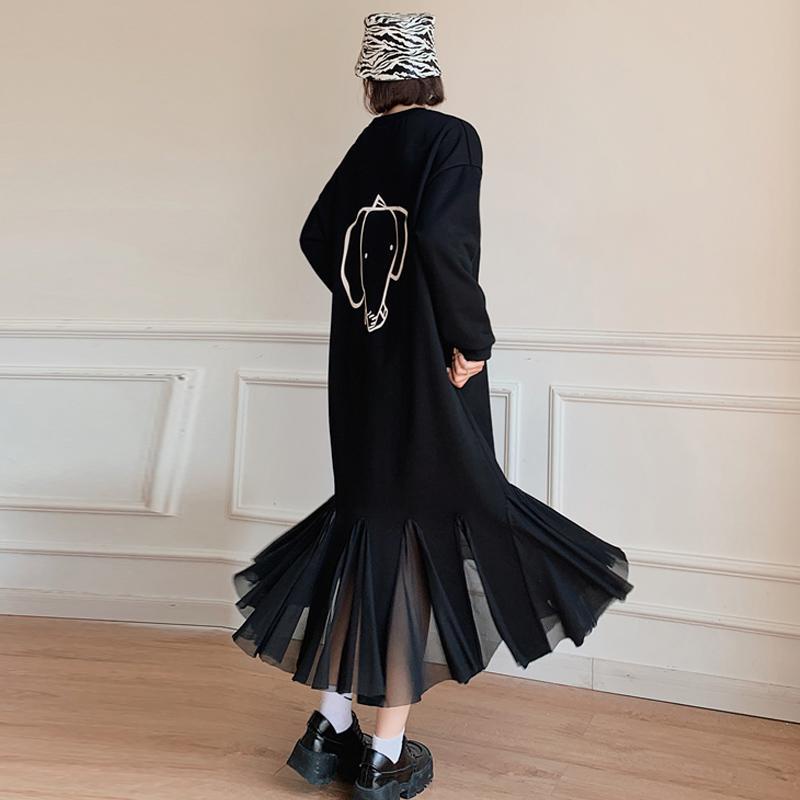 Áo khoác hoodie tay dài dáng rộng vải nhung dày phối lưới màu đen thời trang thu đông cho nữ