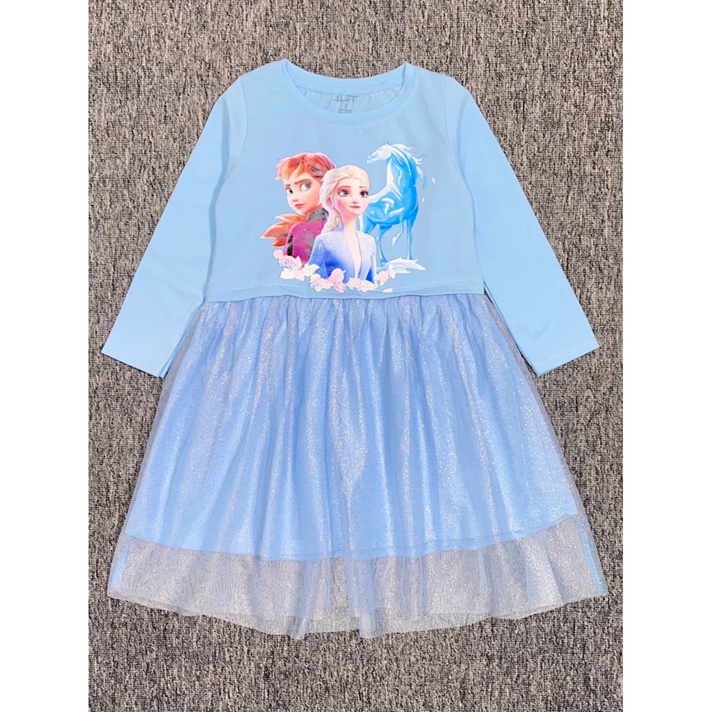Đầm thun cottton chân voan tay dài in công chúa elsa bé gái