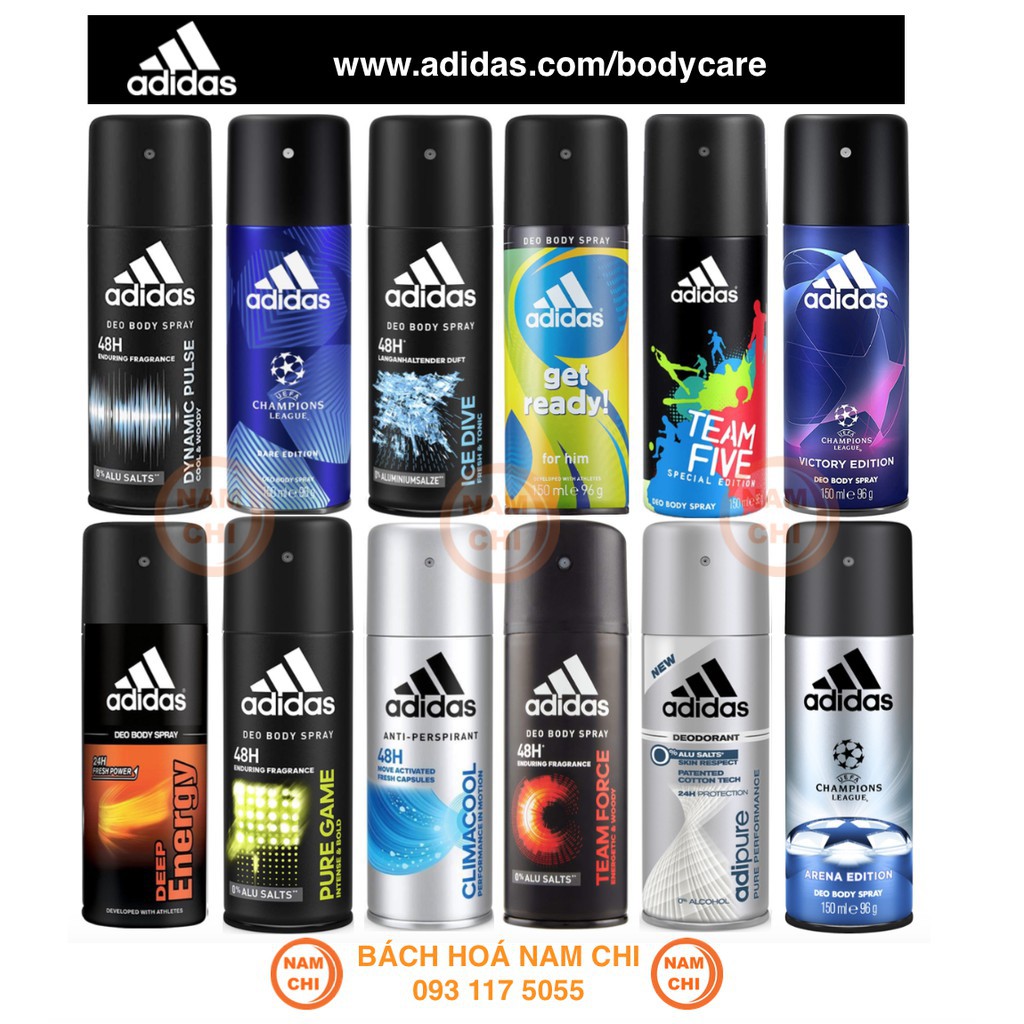 Xịt Nước Hoa Toàn Thân ADIDAS Nam Tính Mạnh Mẽ Thơm Mát Khô Thoáng Cả Ngày Chai 150ml (Đủ Các Mùi Thơm Chuẩn Phái Mạnh)