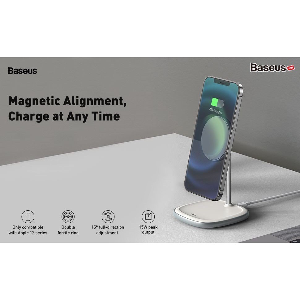 Đế giữ điện thoại tích hợp sạc nhanh không dây Baseus 15W Swan Magnetic Desktop Bracket Wireless Charger cho iPhone 12