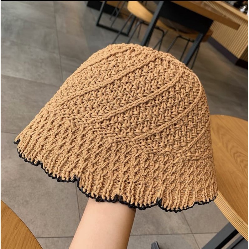 Mũ Bucket Sợi Đan Trơn Dáng Sụp Viền Đen Nữ Tính