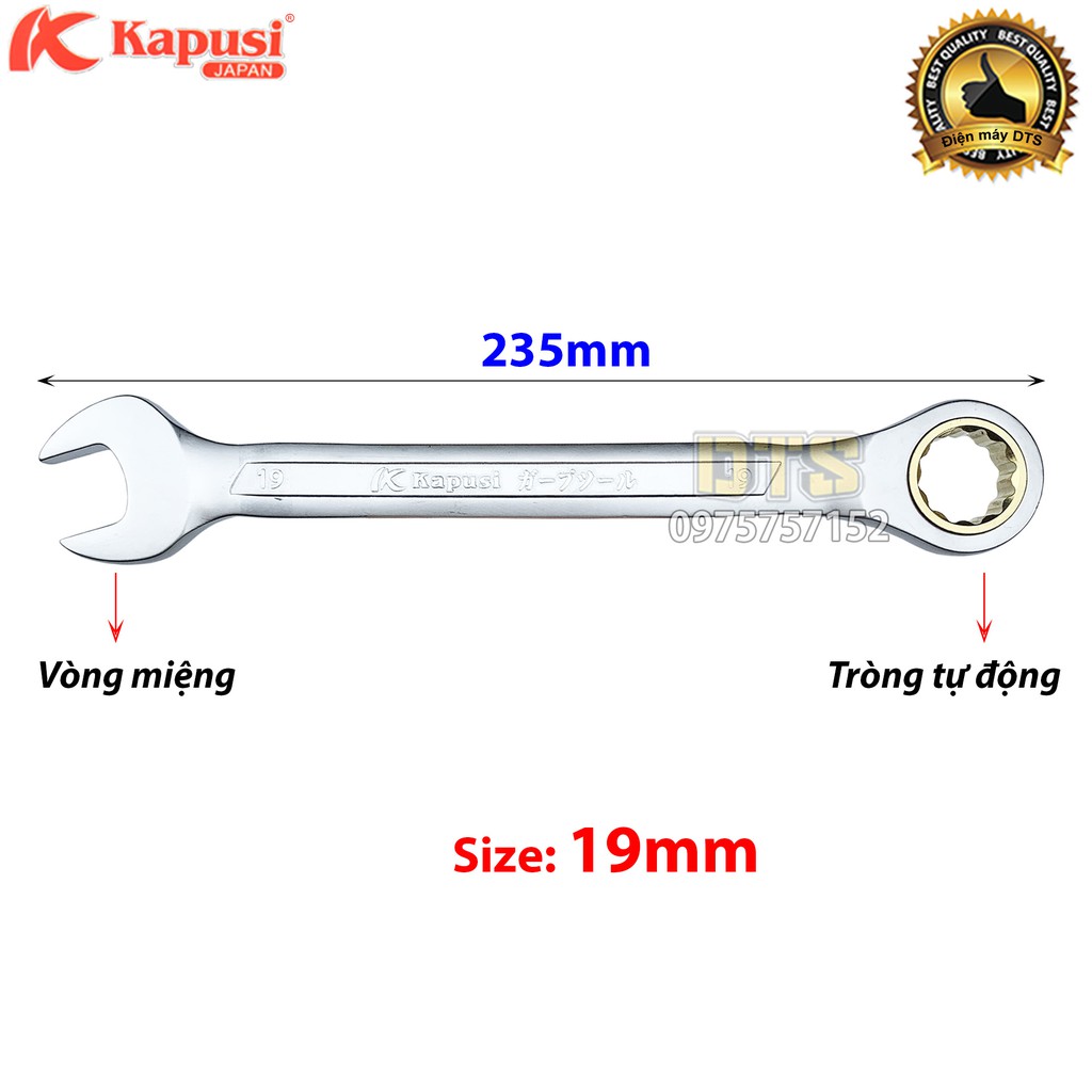 Cờ lê vòng miệng tự động 19mm Kapusi Japan, thép CR-V chịu lực cao 50BV30, bánh cóc 72 răng - Cờ lê tự động xoay 360 độ