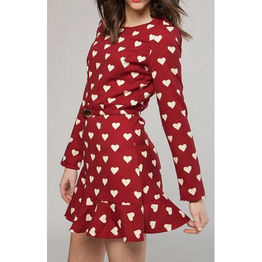 Đầm ngắn vintage JONES & CO lụa satin tay dài cổ tròn tà bèo đỏ đô tim trắng