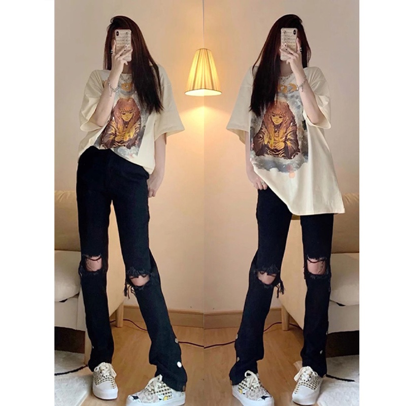 Xiaozhainv Quần Jean Ống Suông Xẻ Tà Thời Trang Retro Hàn Quốc Dành Cho Nữ