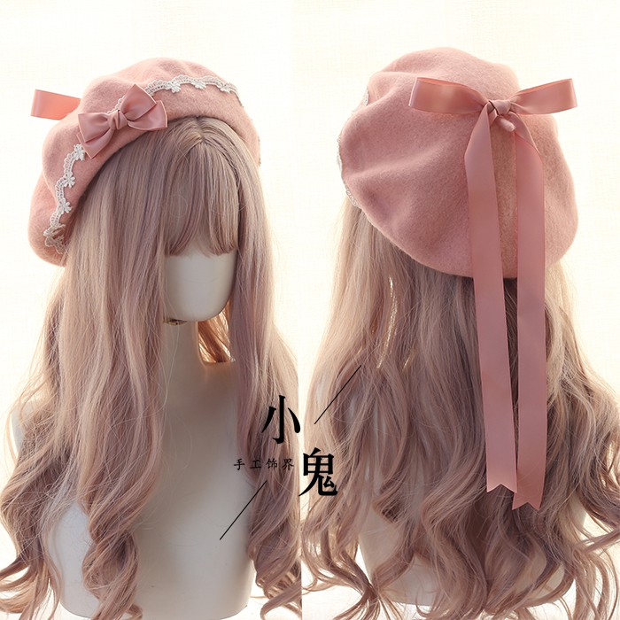 Mũ Nồi Len Phối Ren Đính Nơ Thủ Công Kiểu lolita Nhật Bản Thời Trang Thu Đông Ấm Áp Cho Nữ