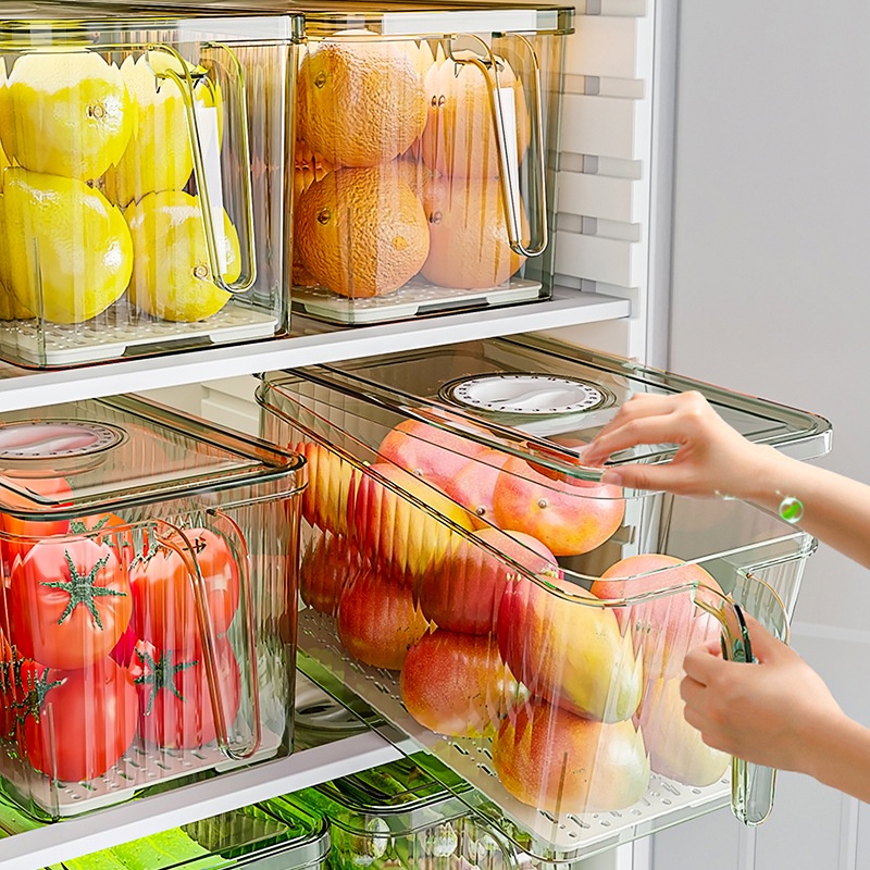 Hộp đựng thực phẩm thức ăn tủ lạnh có tay cầm khay lót dưới đáy hộp nhựa có nắp đậy bảo quản nguyên liệu tươi ngon