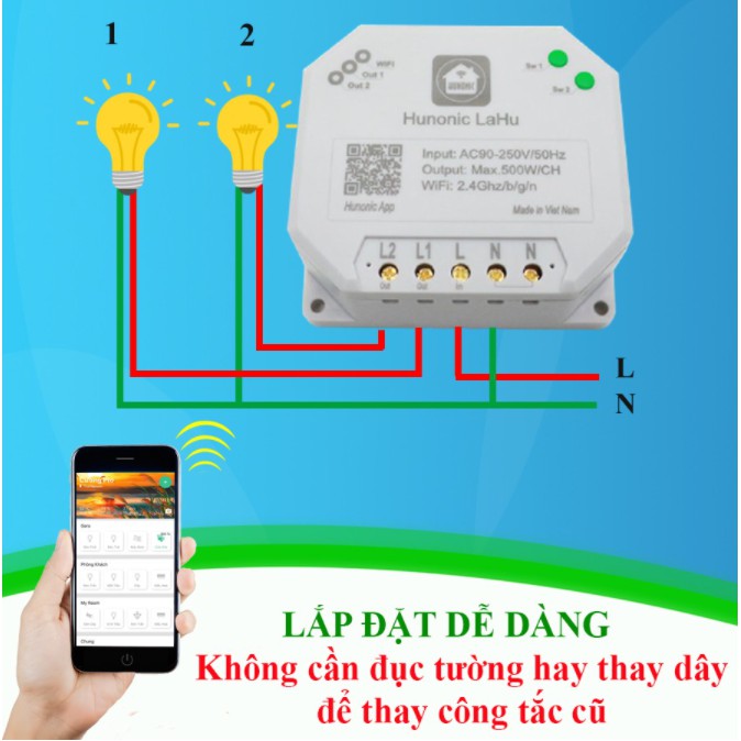 Công Tắc Điều Khiển Từ Xa Qua Điện Thoại Hunonic Lahu (2 kênh và 4 kênh│Công tắc thông minh kết nối Wifi│ Hàng Việt Nam